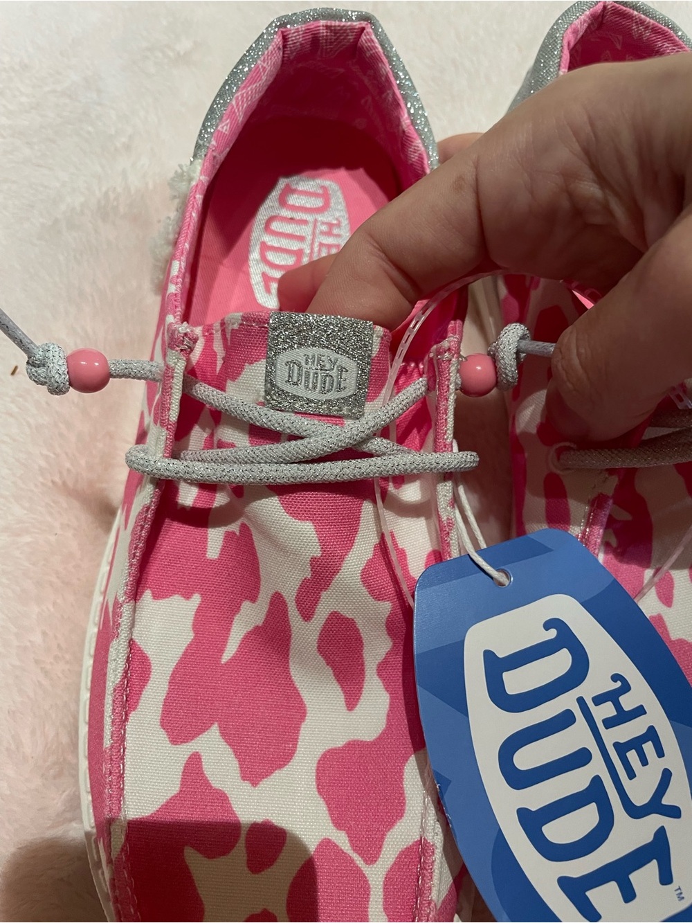 NWT Hey Dude Pink Cow Print with Silver Glitter Slip On Loafers - Picture 2 of 7